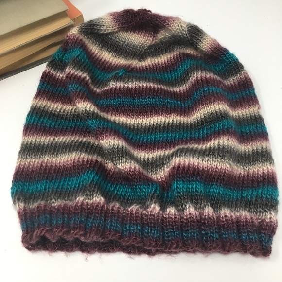 Handknitted Striped Burgundy Teal Cream Grey Ribbed Edge Unisex Slouchy Hat - Picture 4 of 16